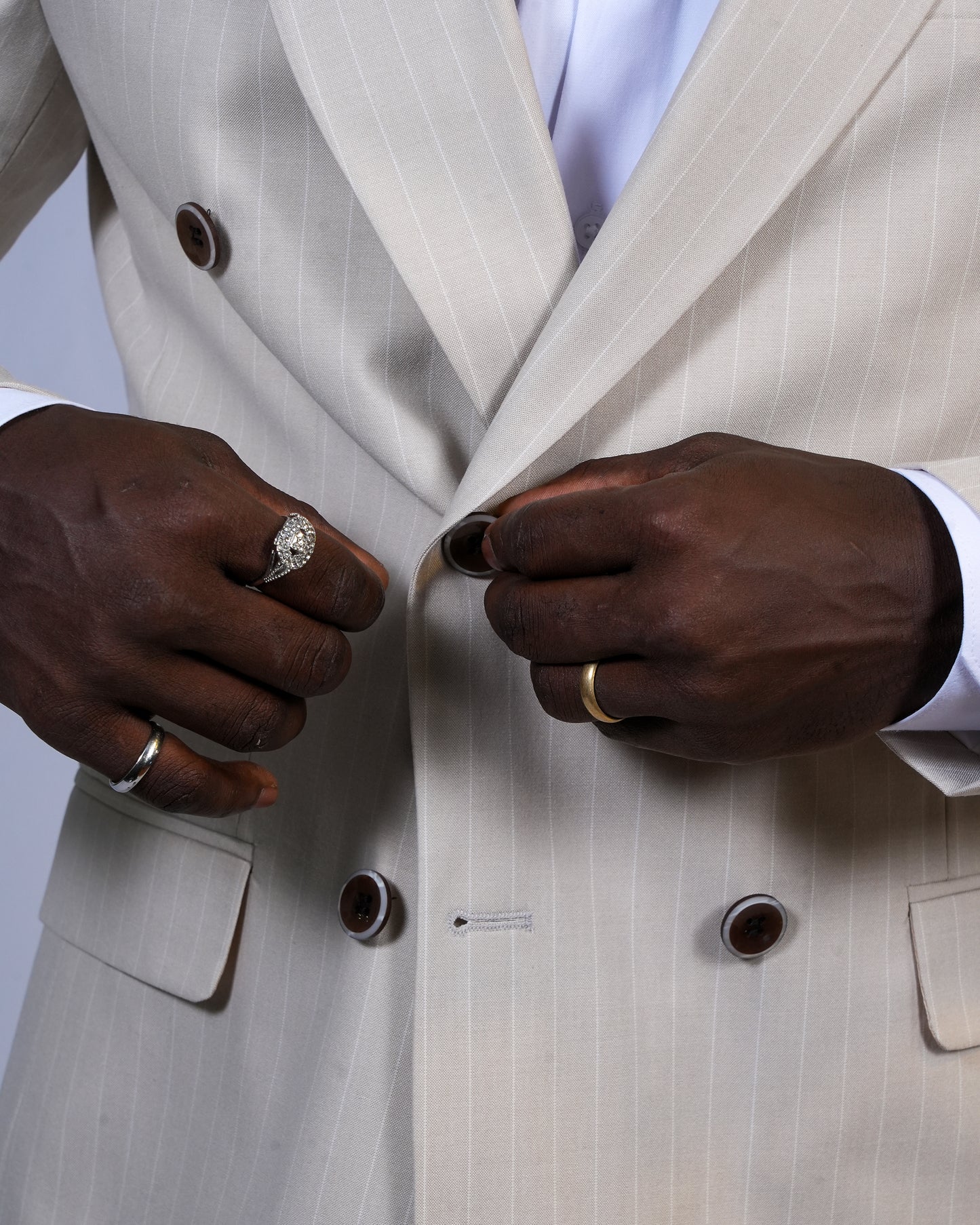 2H Beige double breasted Striped Suit