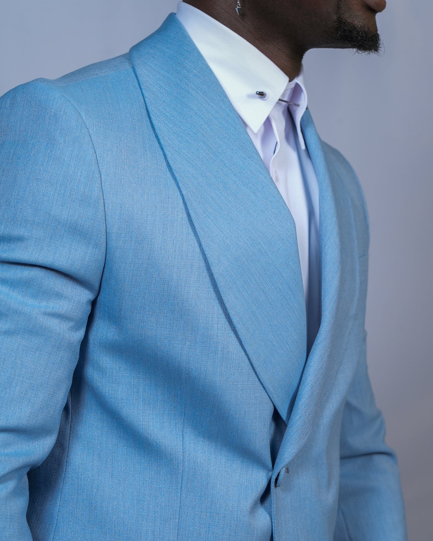 2H Blue One Button Collar Shawl Suit