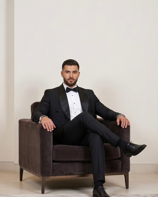 2H black shawl Double breasted Wedding Suit
