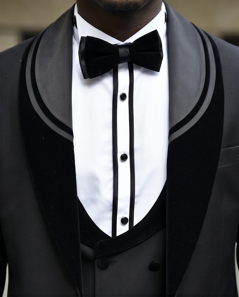 2H Black Wedding Suit Shawl Chamois Satin 2 Pieces