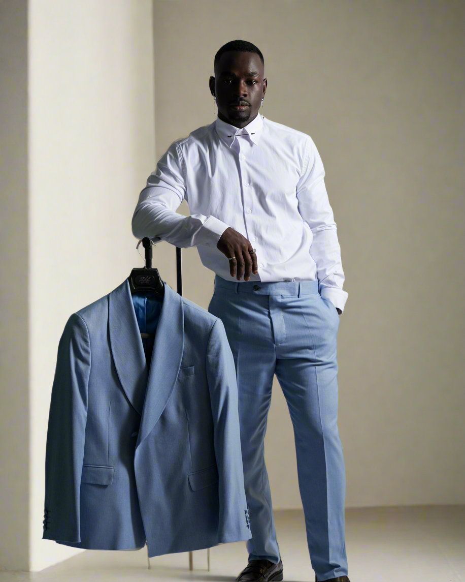 2H Blue One Button Collar Shawl Suit
