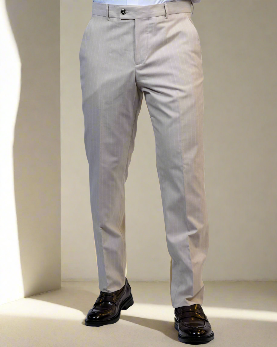 2H Beige double breasted Striped Suit