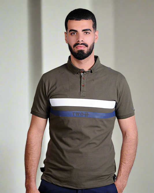 SALE! 2H #77034 Olive Green Printed Polo T-shirt