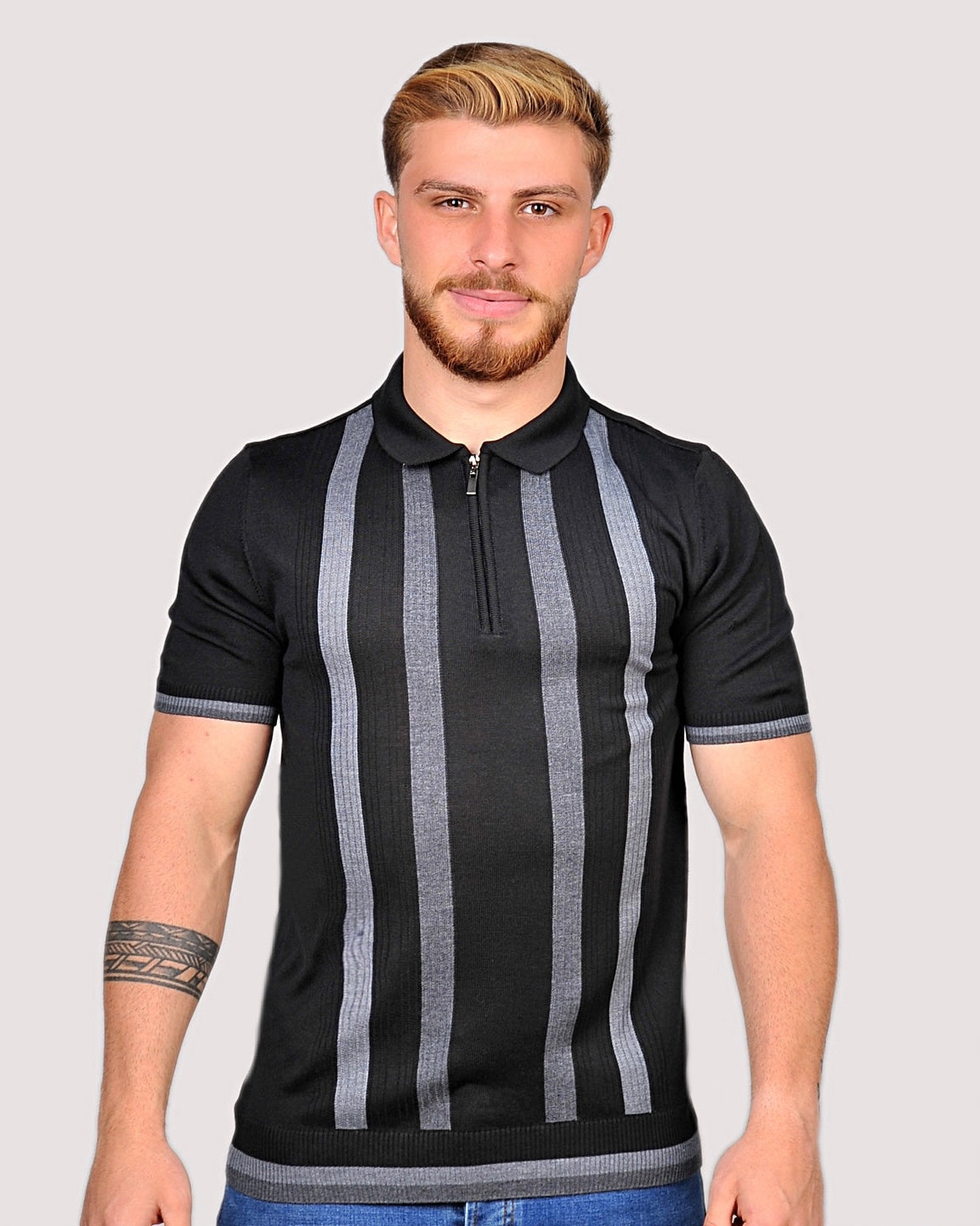 SALE! 2H #39662-40 Black Striped Knitted Polo T-Shirt