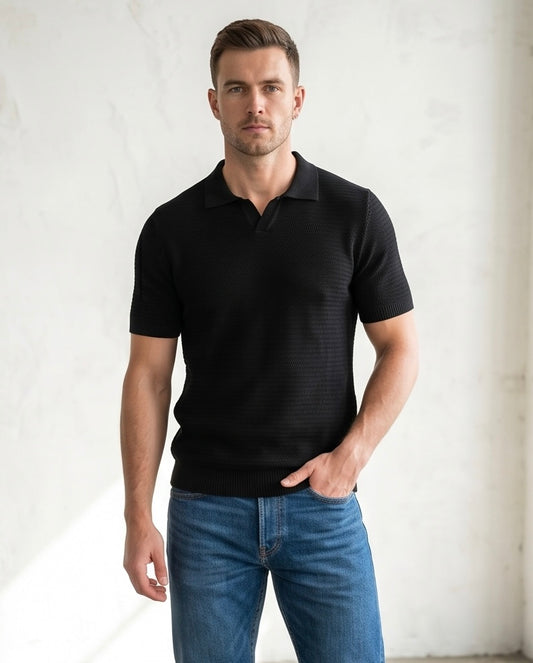 2H #451 Black Knitted Polo T-Shirt