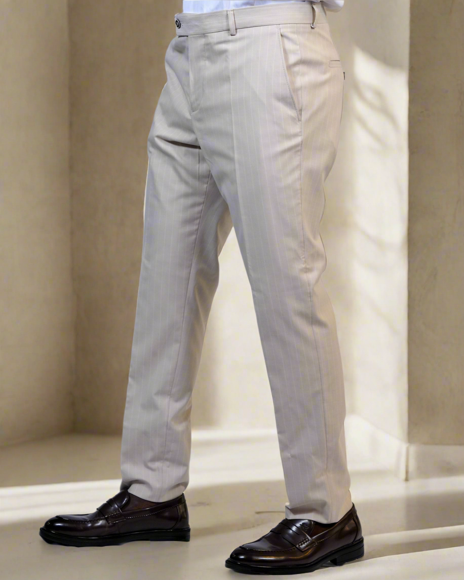 2H Beige double breasted Striped Suit