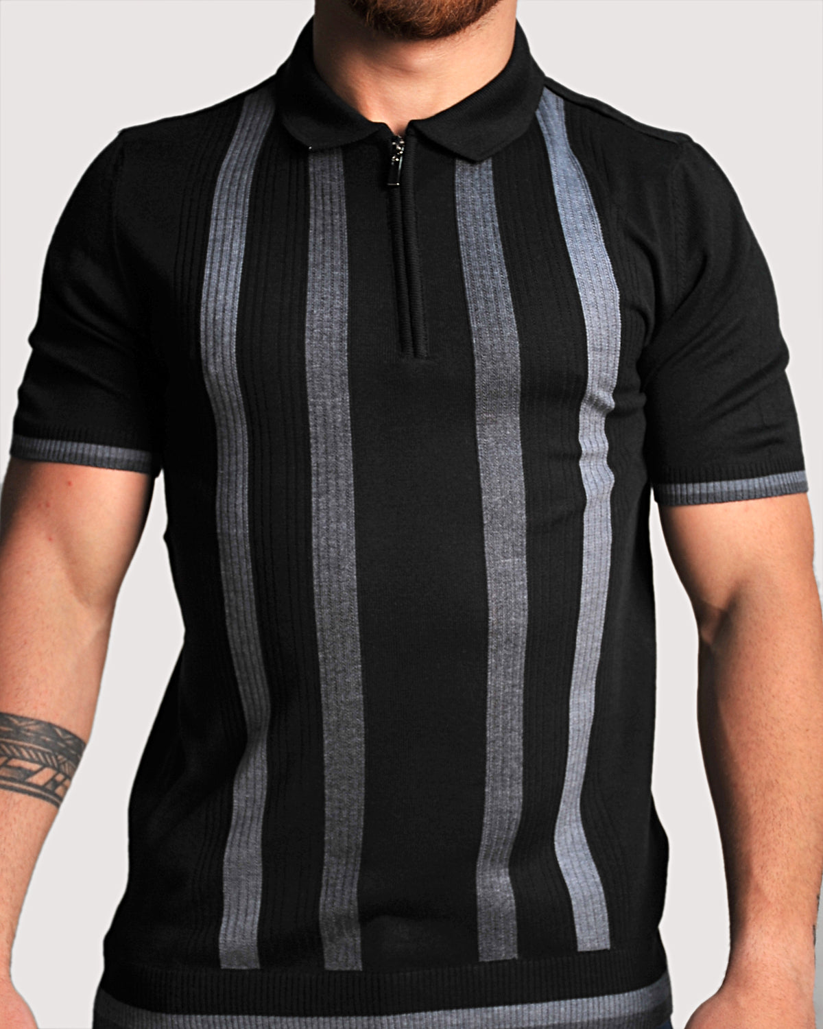 SALE! 2H #39662-40 Black Striped Knitted Polo T-Shirt