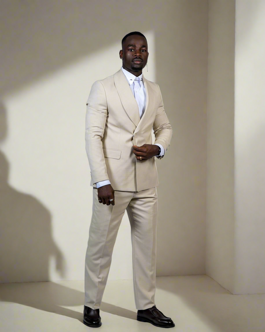 2H Beige One Button Collar Shawl Suit