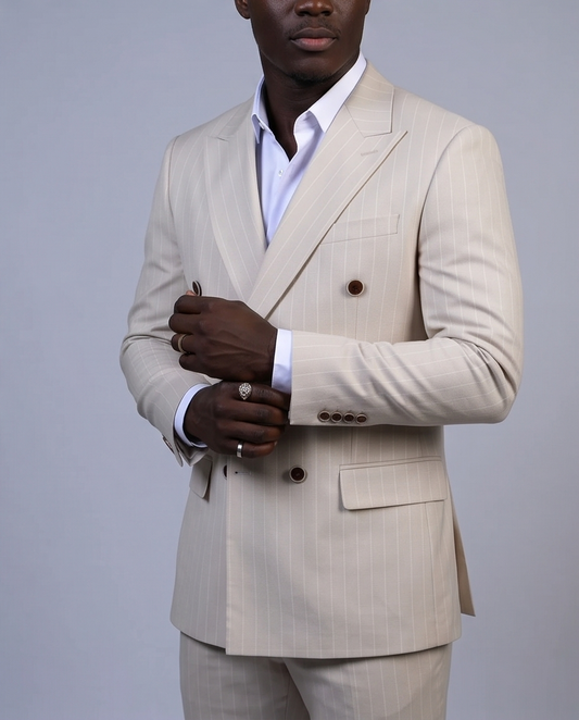 2H #TR330-4 Beige double breasted Striped Suit