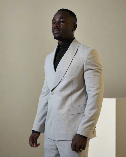 2H #99-04 Gray One Button Collar Shawl Suit