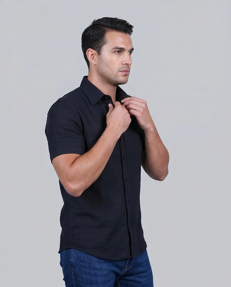 2H Black Short Sleeve Linen Shirt
