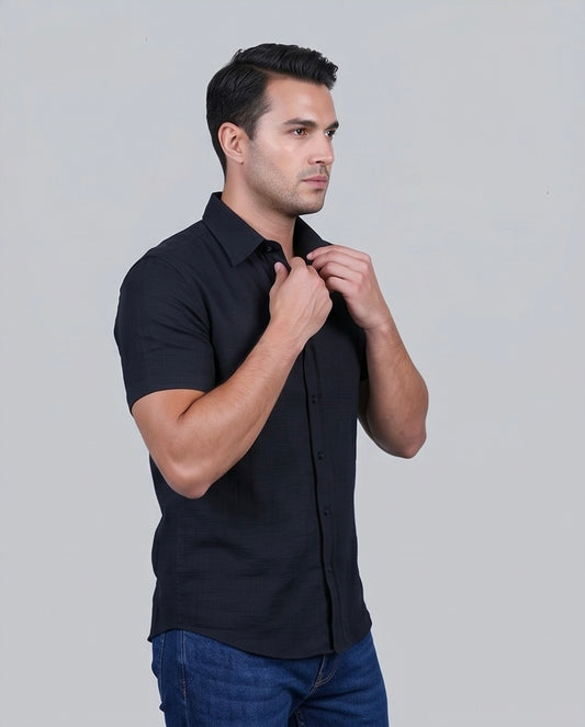 2H Black Short Sleeve Linen Shirt