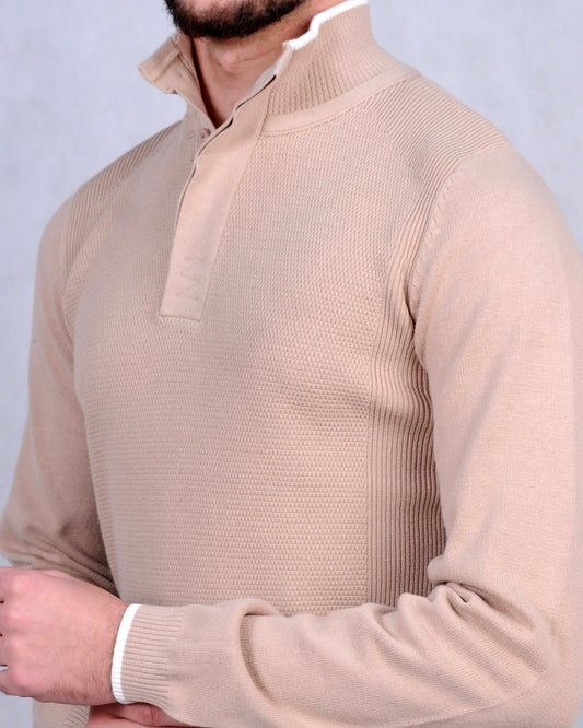 SALE! 2H #46038 Beige Pure Cotton With 3 Buttons High Neck Sweater