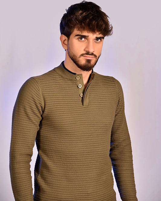 SALE! 2H #46037 Army Pure Cotton With 3 Buttons High Neck Sweater