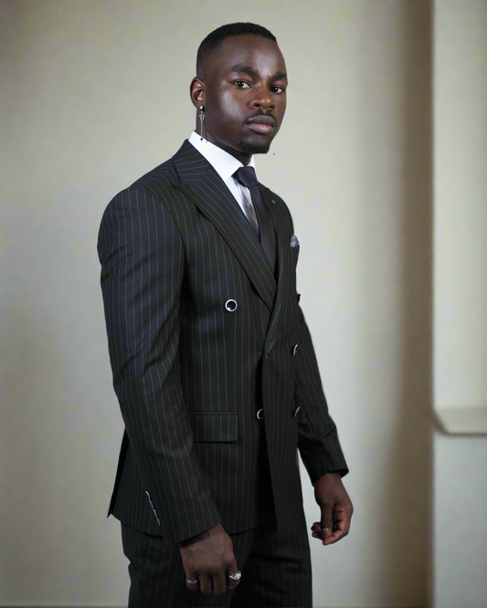 2H Black double breasted Striped Suit
