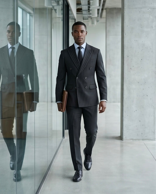 2H #TR330-3 Black double breasted Striped Suit