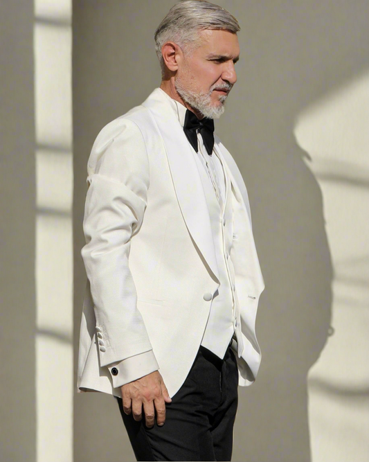 2H White Wedding Suit Black pant Satin 2 Pieces