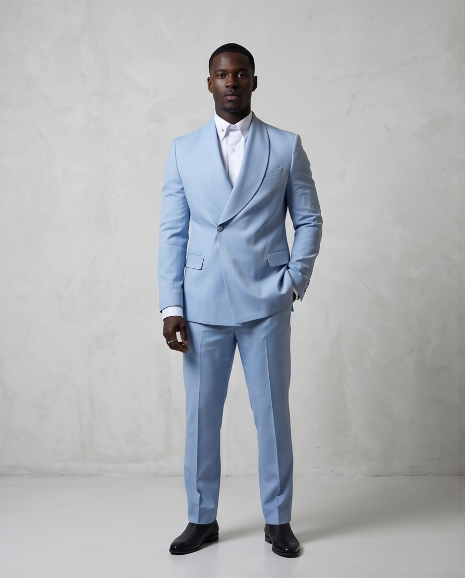 2H #99-06 Blue One Button Collar Shawl Suit