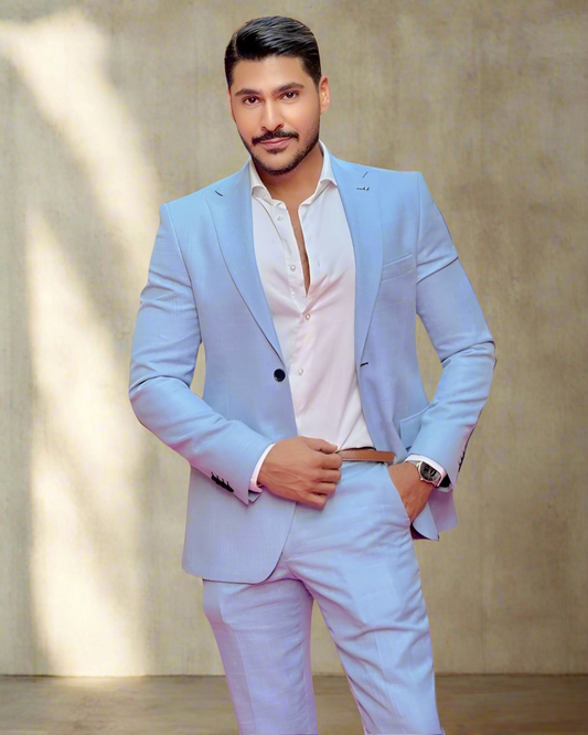 2H Light Blue Casual Embossed Suit 2 Pieces