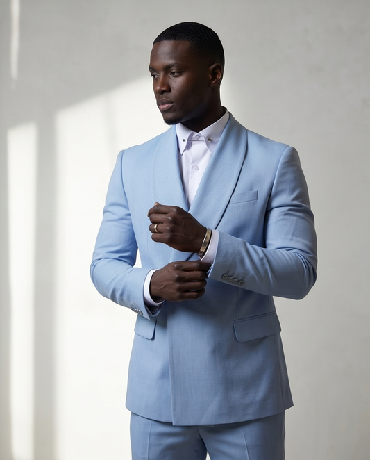 2H #99-06 Blue One Button Collar Shawl Suit