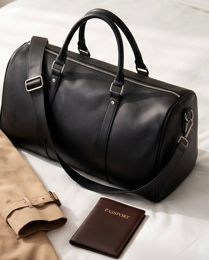 2H Black leather Travel Duffle Bag