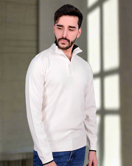 SALE! 2H #46038 white Pure Cotton With 3 Buttons High Neck Sweater
