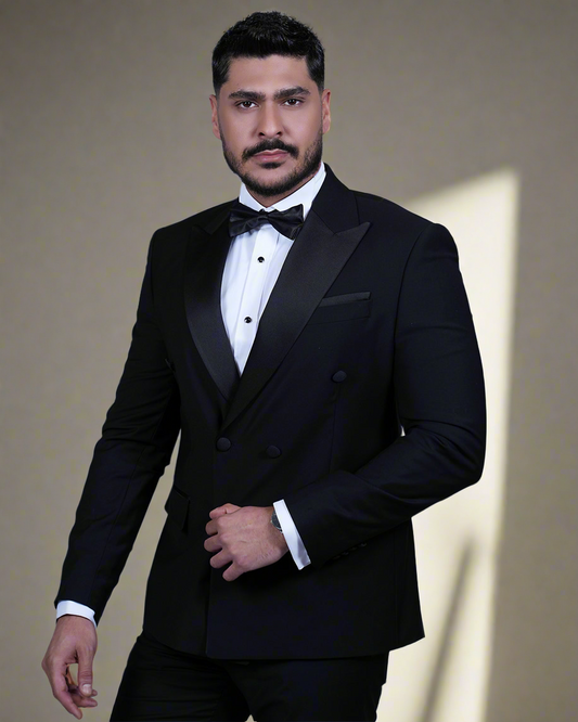 2H Black Peaked Lapel Double breasted Suit