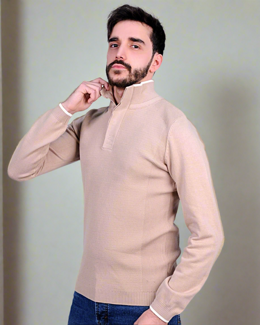 SALE! 2H #46038 Beige Pure Cotton With 3 Buttons High Neck Sweater