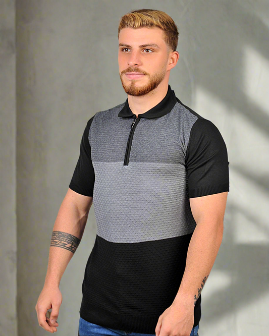 2H #39659-40 Black Knitted Polo T-Shirt