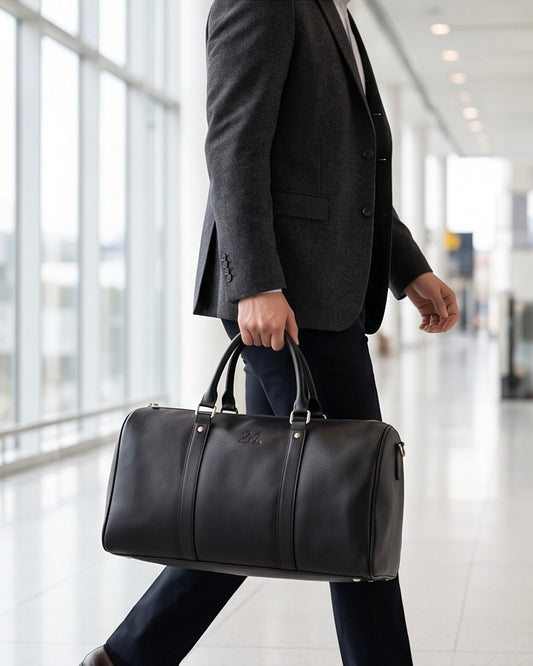2H Black leather Travel Duffle Bag