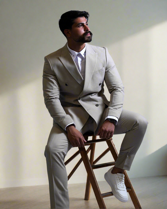 2H #160325-C2 Beige Double breasted Suit 2 Pieces