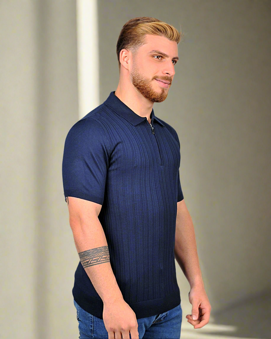 2H #39733-40 Navy Knitted Polo T-Shirt
