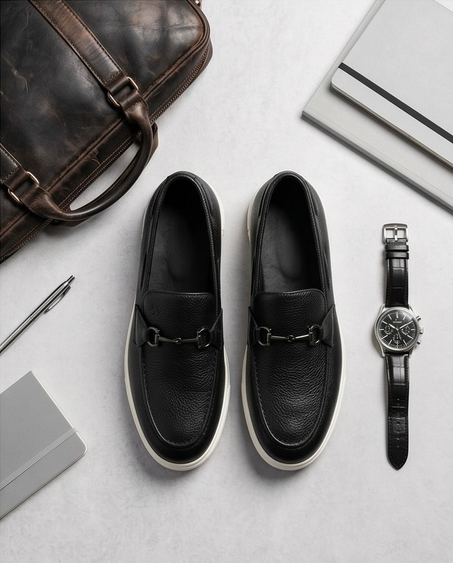 2H #01G Genuine Leather Black Casual Shoes