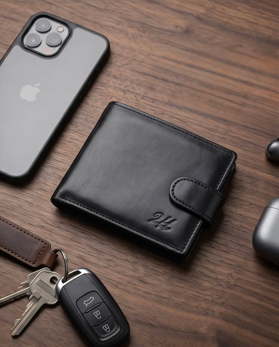 2H #1067 plain Black Genuine Leather Wallet