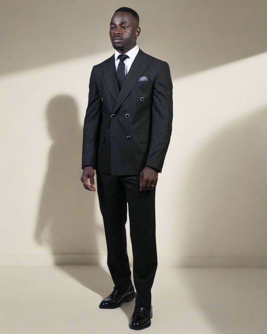 2H Black double breasted Striped Suit