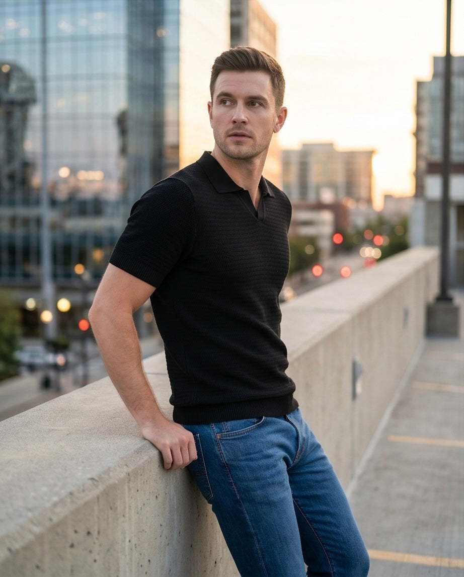 2H #451 Black Knitted Polo T-Shirt