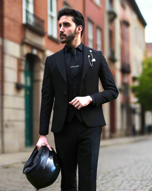 2H #160-5 Black Casual Embossed Suit 2 Pieces