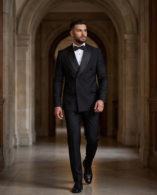 2H black shawl Double breasted Wedding Suit