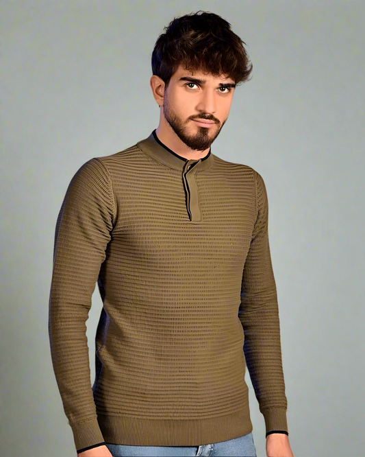 SALE! 2H #46037 Army Pure Cotton With 3 Buttons High Neck Sweater
