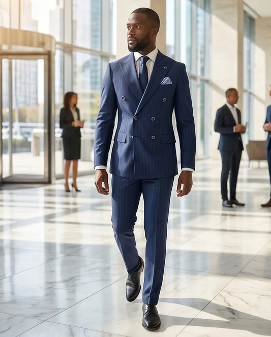 2H #TR330-2 Navy double breasted Striped Suit