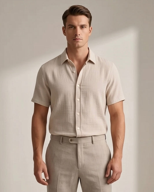 2H Beige Short Sleeve Linen Shirt