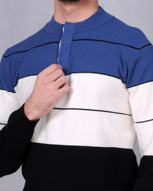 SALE! 2H #46030 Colorful Navy/White/Black With 3 Buttons High Neck Sweater
