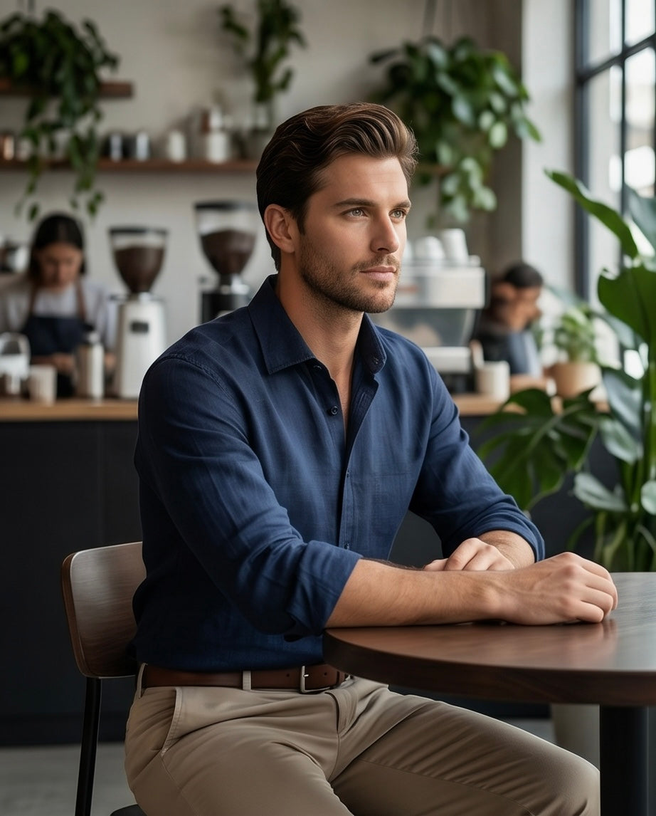 2H Navy Linen Casual Shirt