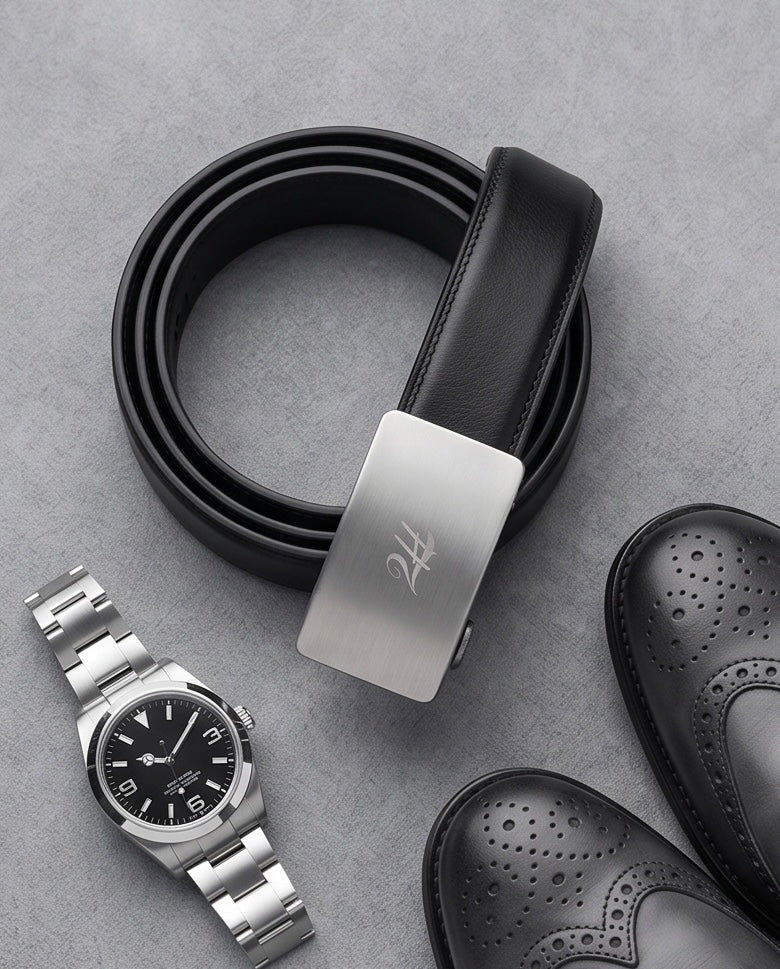2H Automatic Sliding Buckle Genuine Leather Black Belt For Men