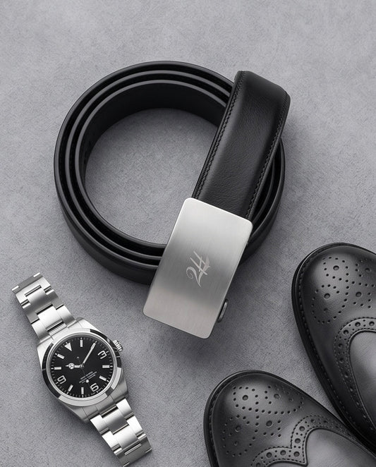 2H Automatic Sliding Buckle Genuine Leather Black Belt For Men