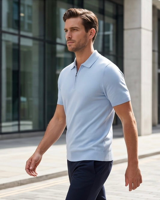 2H #20001-40 Blue Knitted Cotton Polo T-Shirt