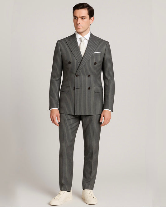 2H Gray striped Peaked Lapel Two Bottons Suit