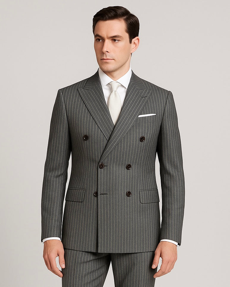 2H Gray striped Peaked Lapel Two Bottons Suit