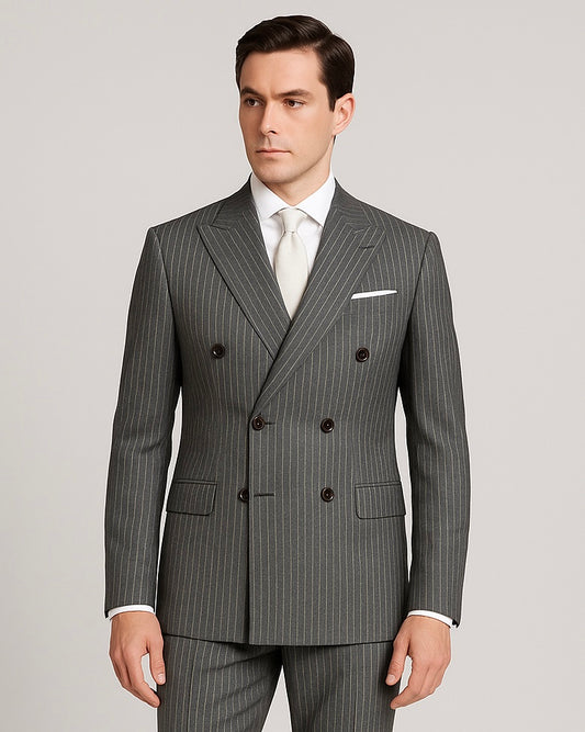 2H Gray striped Peaked Lapel Two Bottons Suit