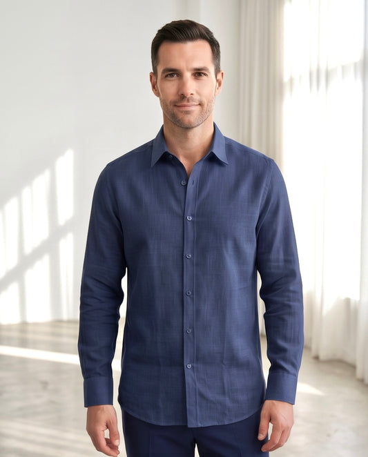 2H Dark Blue Linen Casual Shirt